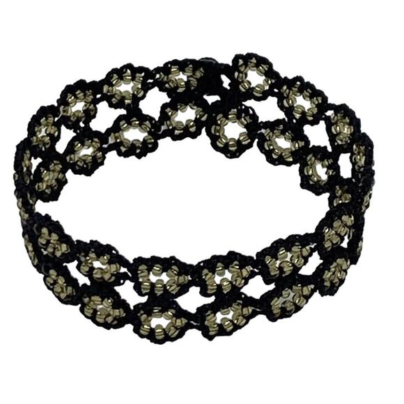 Turkish Jewelry - Turkish Artisan Fashion Flat Crochet 7” Bracelet Black Cord Gold Round Beads